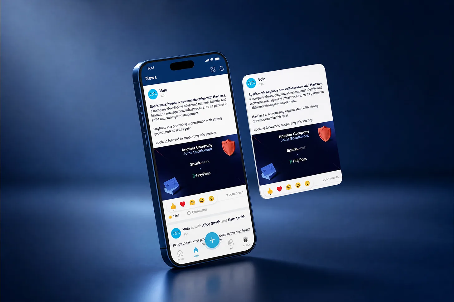 Company news feed in the Spark.work mobile app with posts, likes and comments