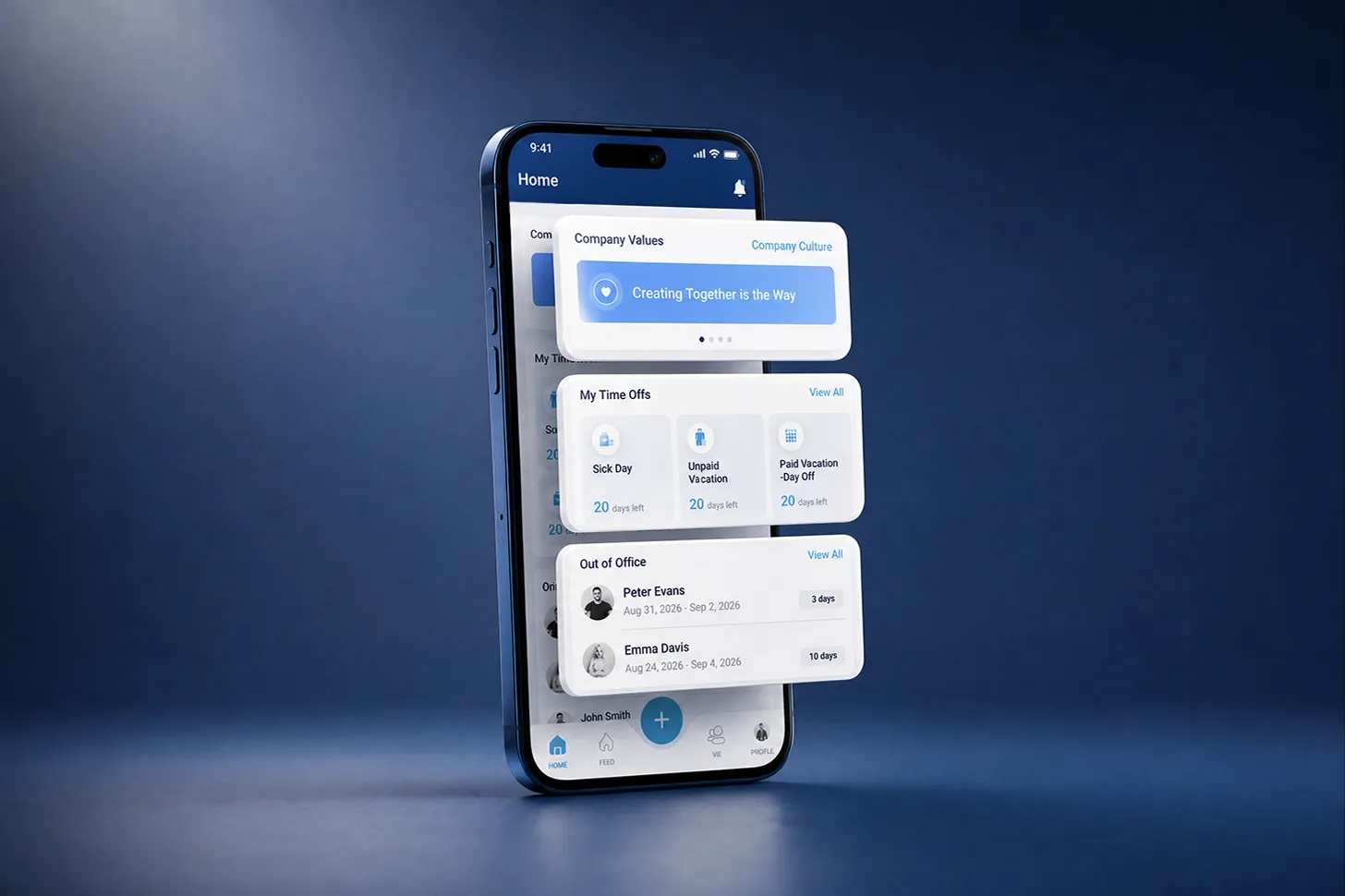 Personalized Home tab of the Spark.work mobile app with time-off, calendar and company widgets