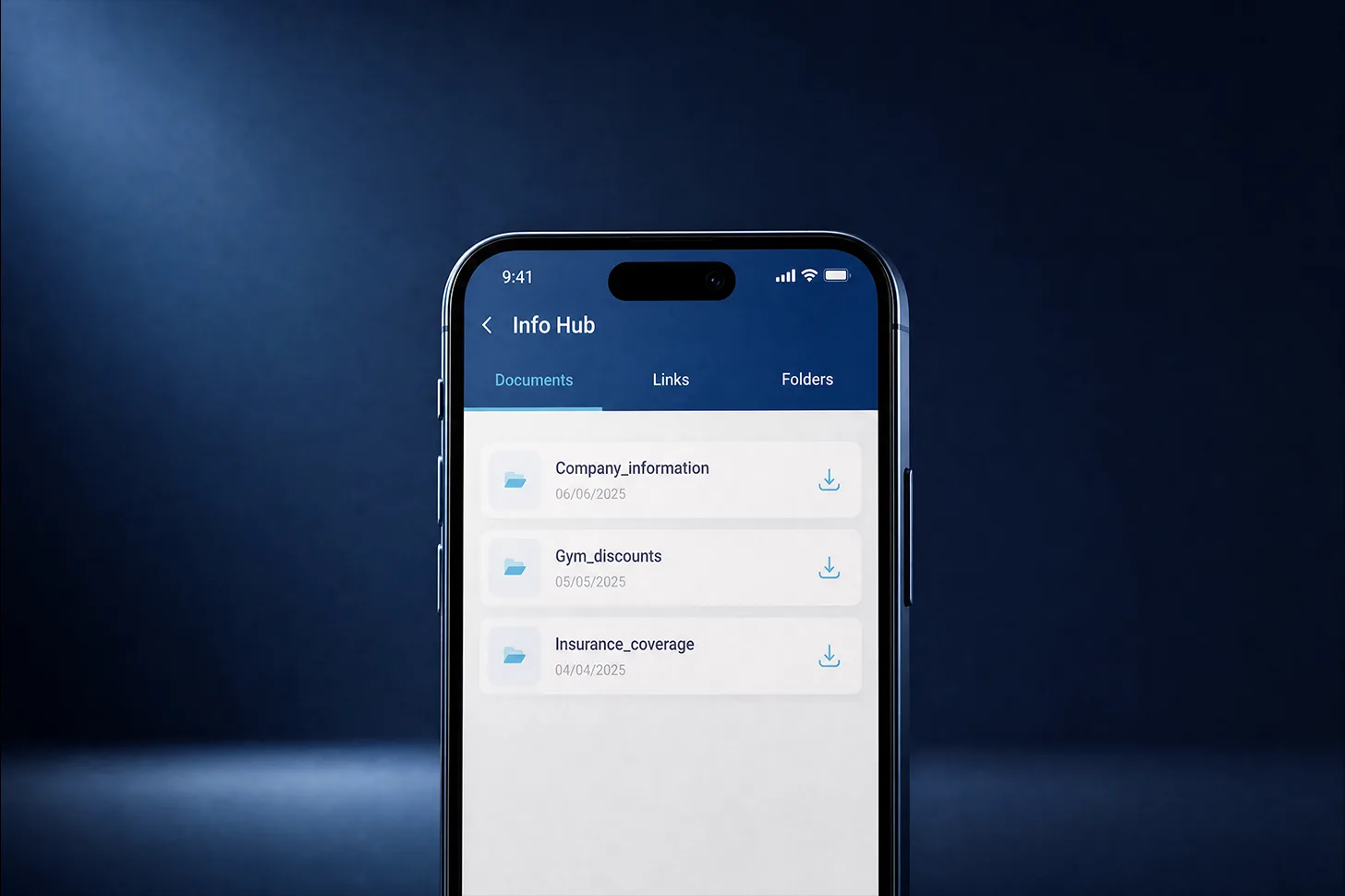 Info Hub in the Spark.work mobile app listing company documents, links and folders