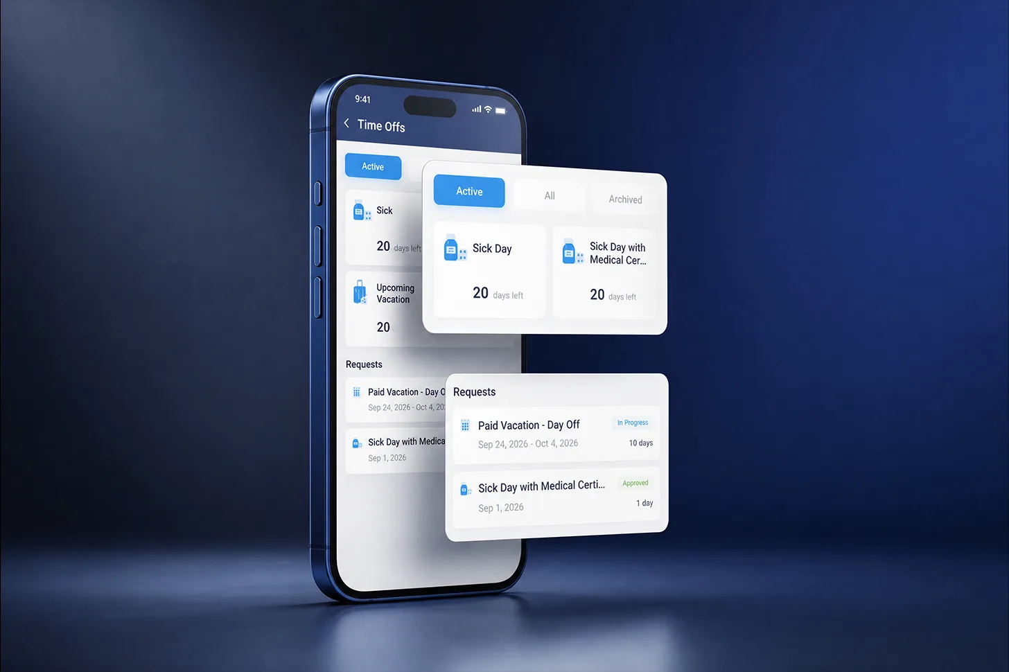 Spark.work Mobile time-off screen showing an employee's leave balance and requests