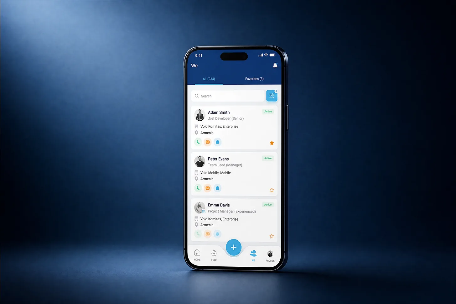 Employee directory in the Spark.work mobile app showing colleague profiles and contact options